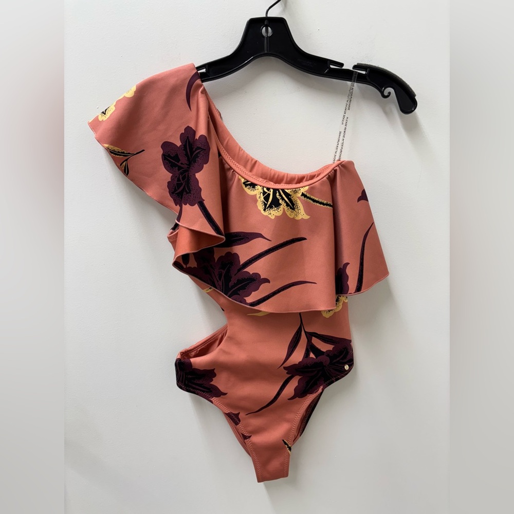 NWT 10 Crosby Derek Lam Terra Cotta Floral One-Shoulder Cut-Out Swimsuit